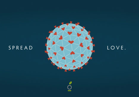 globe made up of hearts, looking like covid virus, words "Spread Love"
