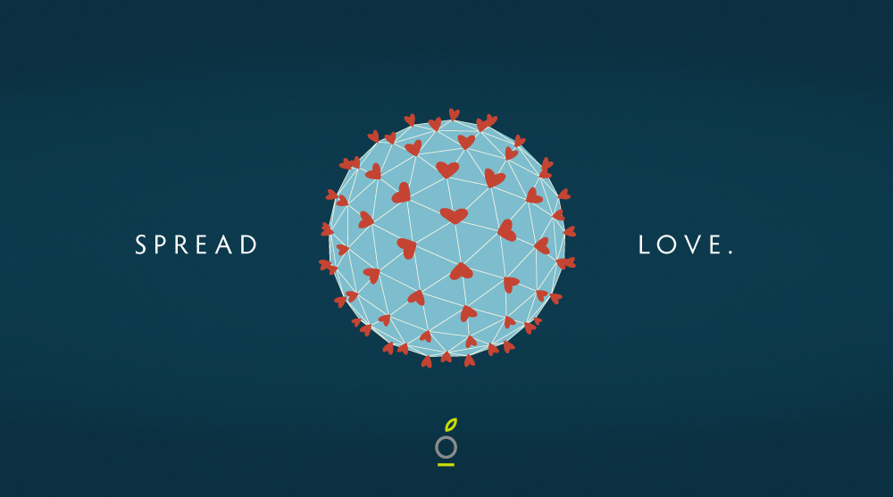 globe made up of hearts, looking like covid virus, words "Spread Love"