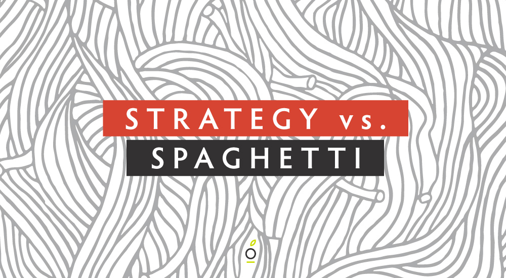 illustration of spaghetti texture in background. Words on top Spaghetti vs. Strategy