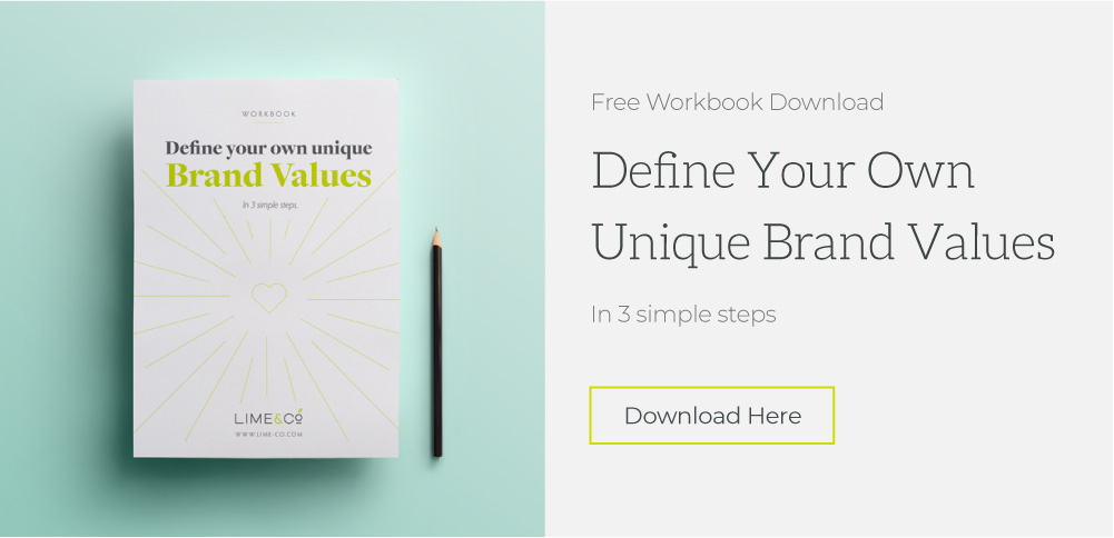 showing a piece of paper and pencil. Heasder saying Define your Own Unique Brand Values in 3 simple steps. Download here button