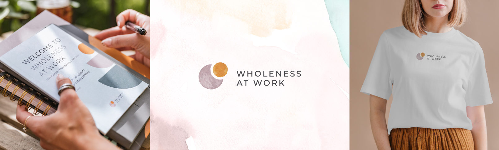 Wholeness Branding: brand applications on book and shirt