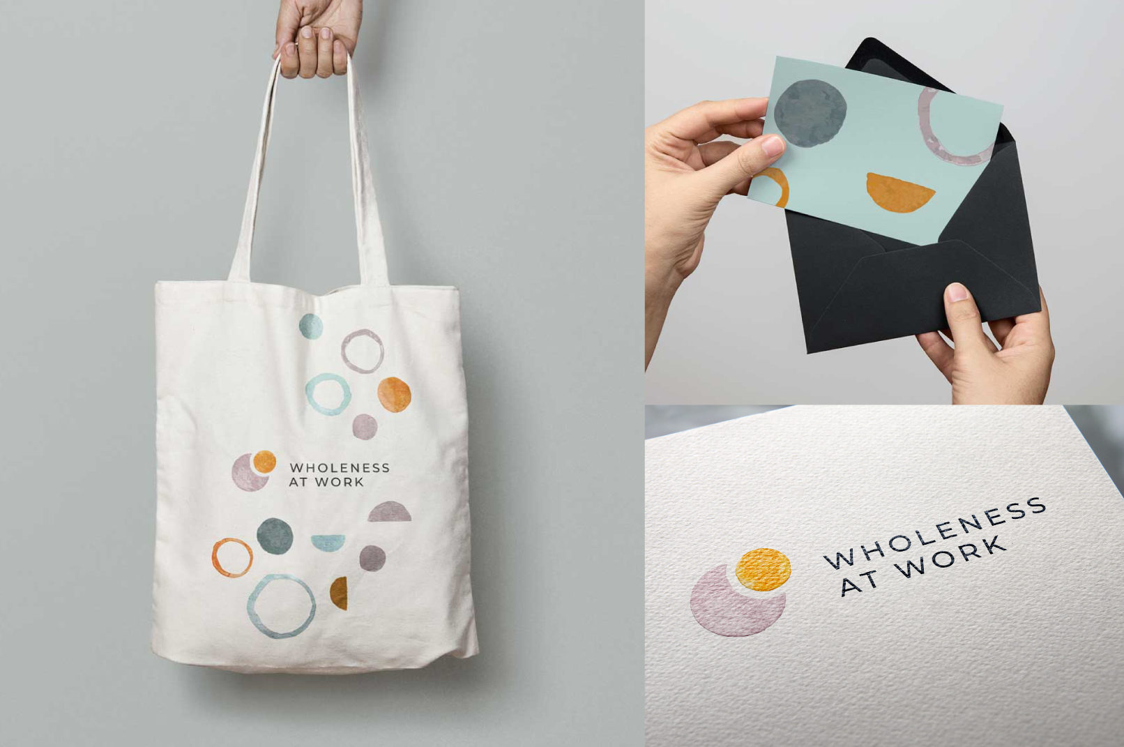 Wholeness Branding: Wholeness At Work logo applications: Tote bag, greeting card, logo on textured paper