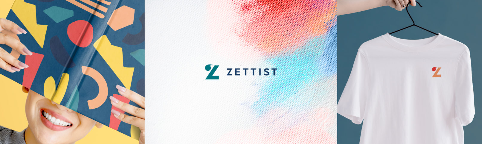 Marketing Company Branding: Zettist brand applications on book and shirt