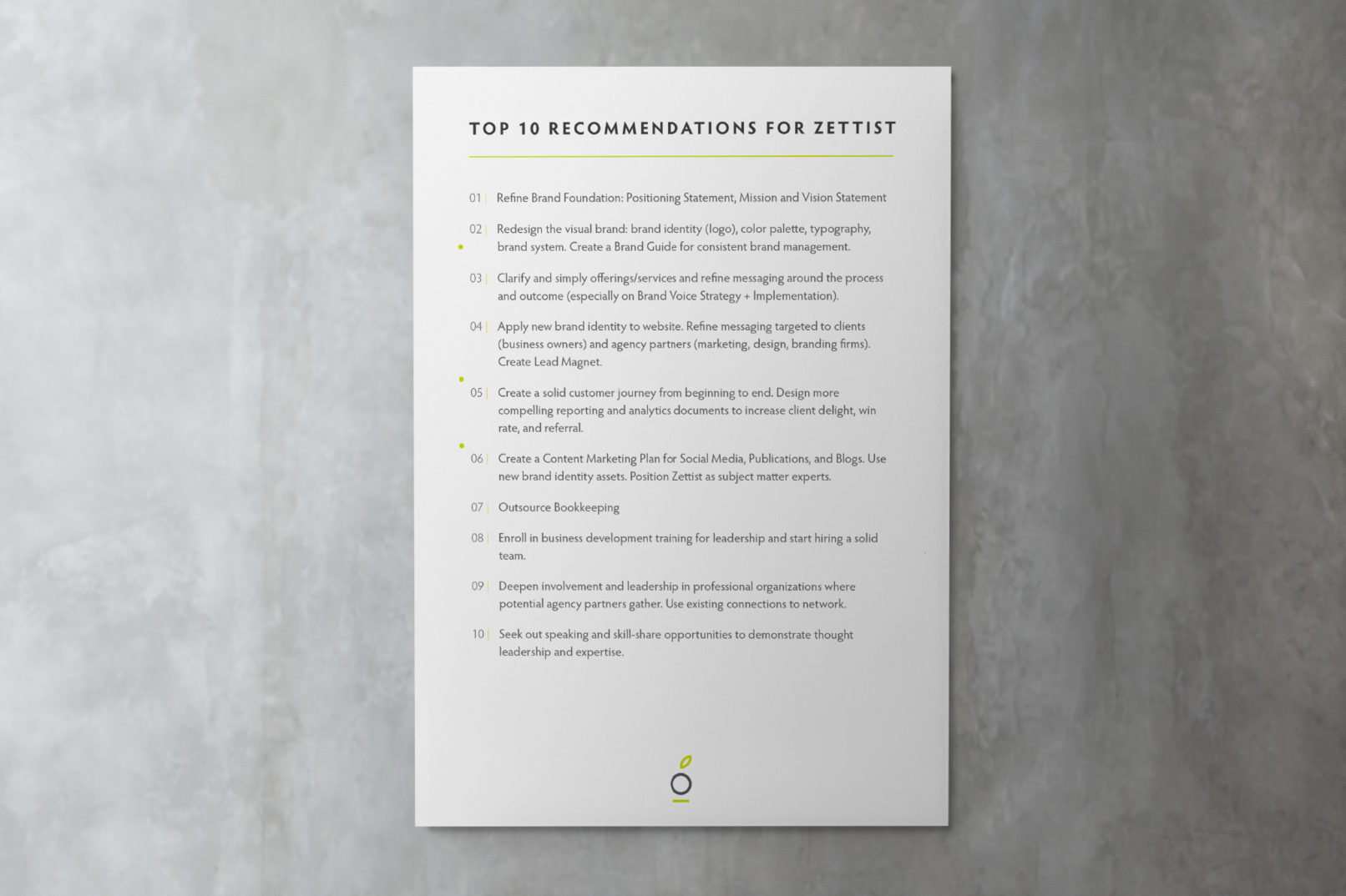 Marketing Company Branding: Sheet of paper with the Top 10 Recommendations