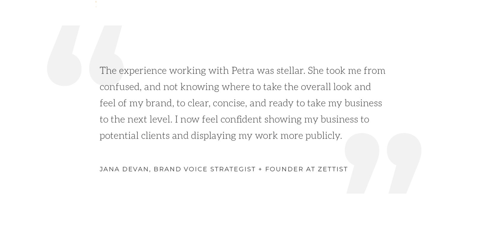 Marketing Company Branding: client testimonial: The experience working with Petra was stellar. She took me from confused, and not knowing where to take the overall look and feel of my brand, to clear, concise, and ready to take my business to the next level. I now feel confident showing my business to potential clients and displaying my work more publicly. Jana Devan, Brand Voice Strategist + Founder at ZETTIST