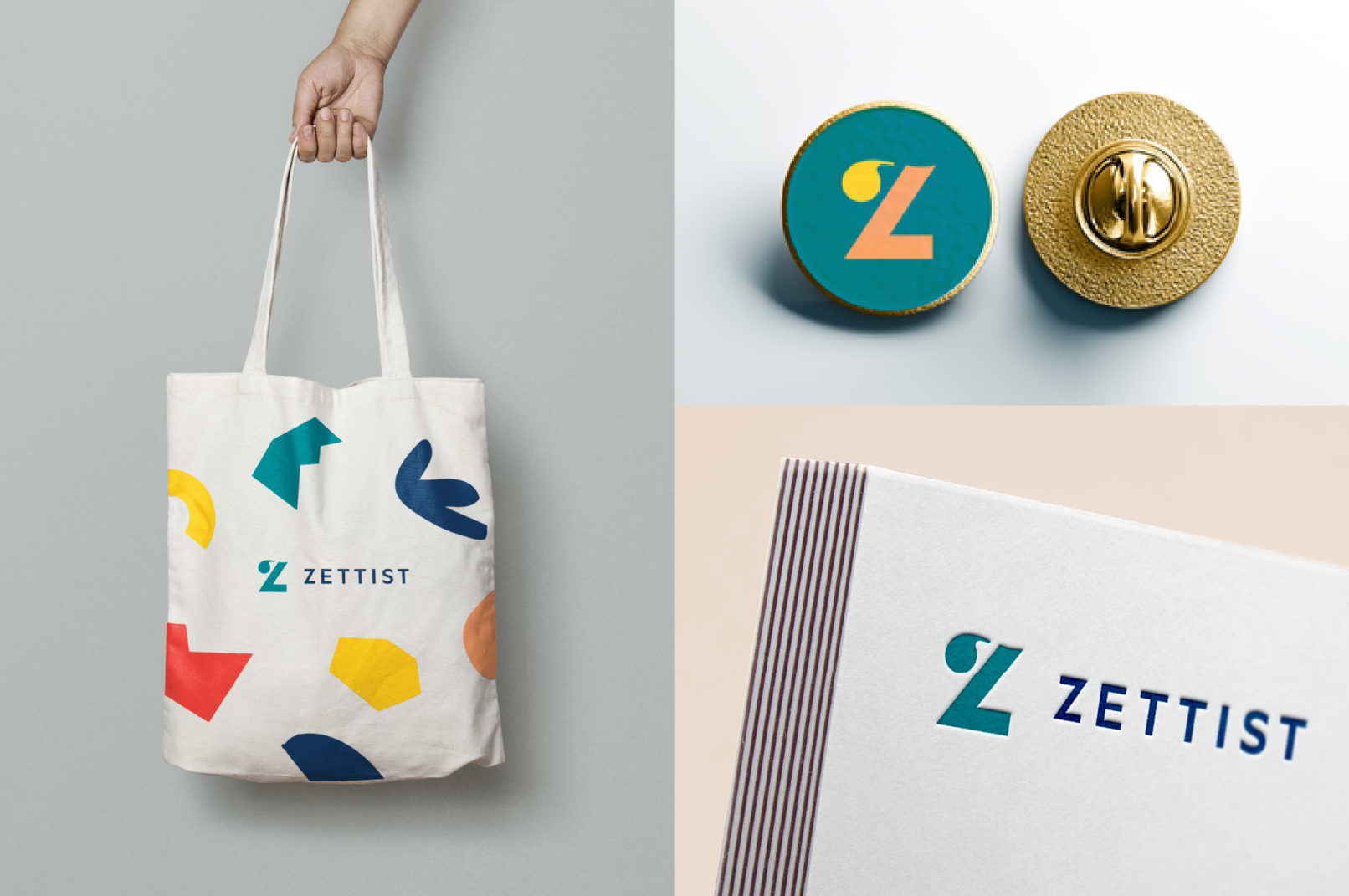 Marketing Company Branding: Zettist collateral tote bag, pin, business card