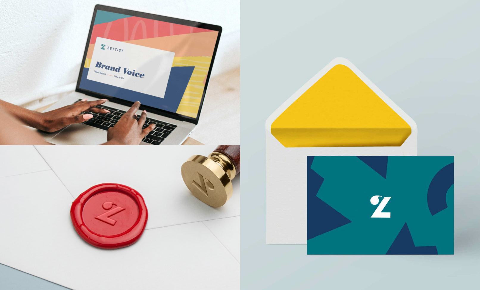 Marketing Company Branding: Collateral Items report cover design, note card, custom wax seal