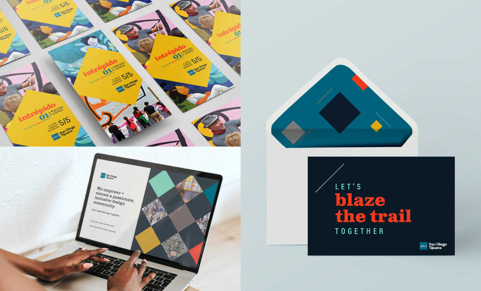 different application samples:event flyer, notecard and envelope, website