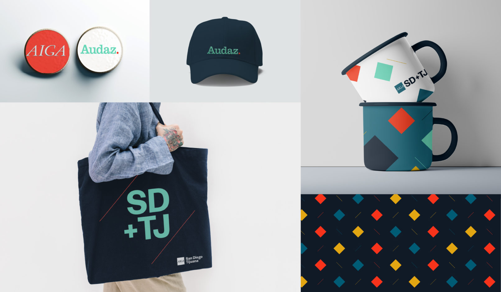 different application samples: pins, hat, mug, tote bag