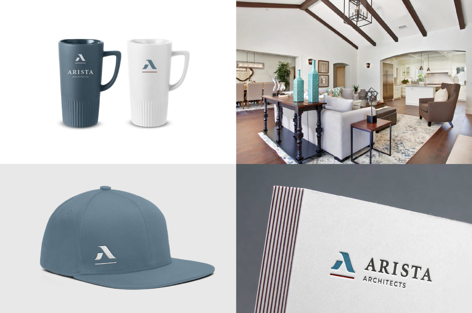 Arista Brand Identity Applications Samples: mugs, hats, embossing