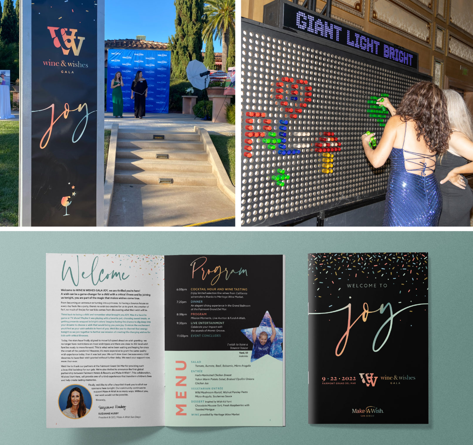 Event Branding Make-A-Wish Wine & Wishes Gala: Various Event photos and photo of the printed program