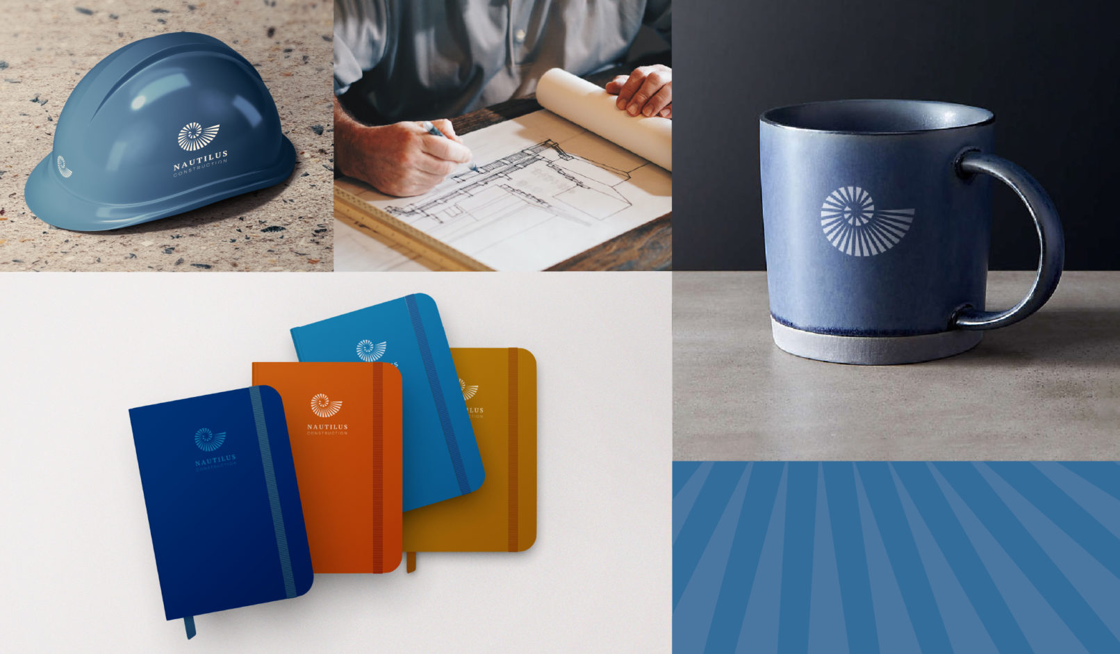 Branding logo applications on construction helmet, coffee mug, and notebooks
