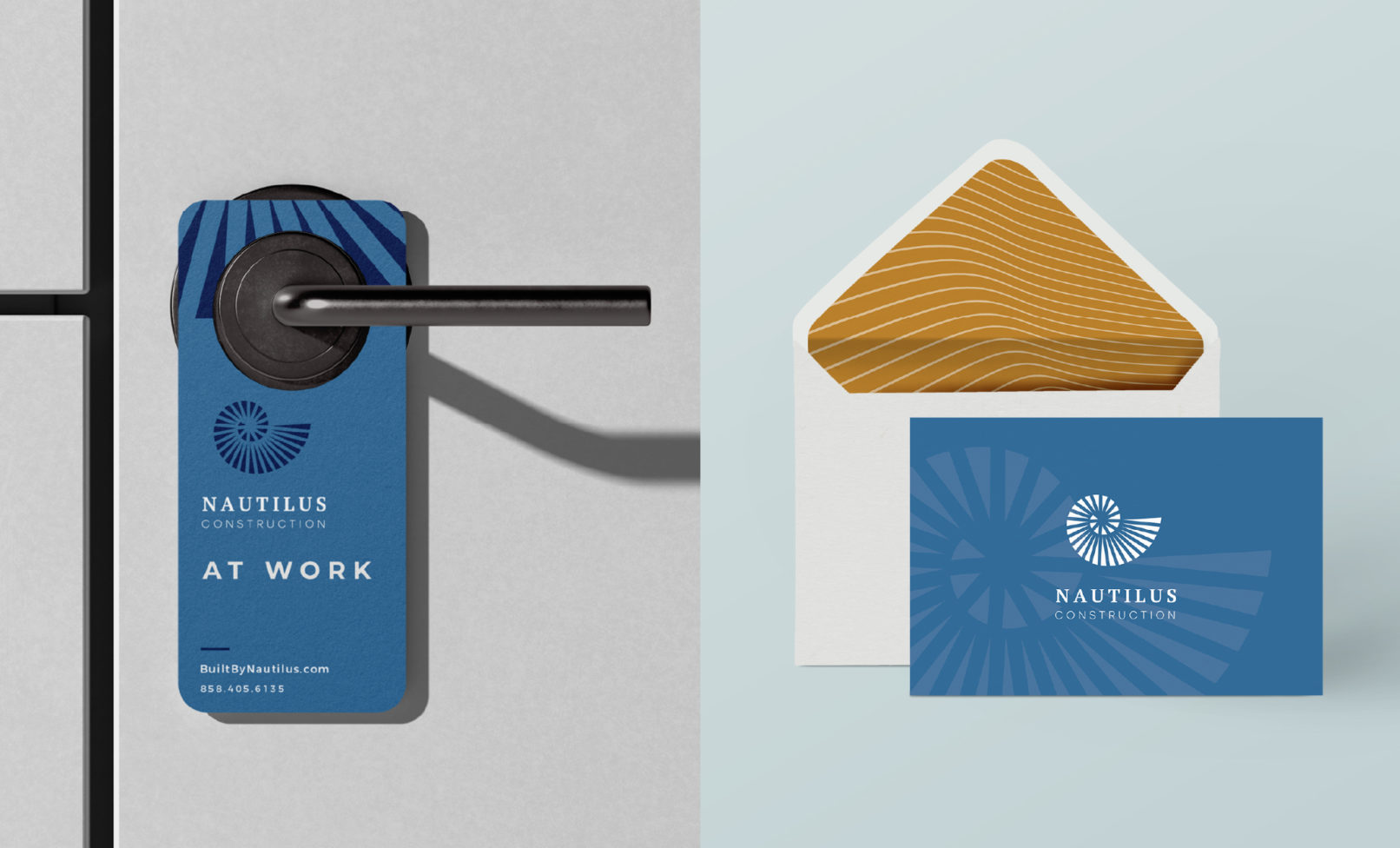 Branding application samples: door hanger, and envelope with card