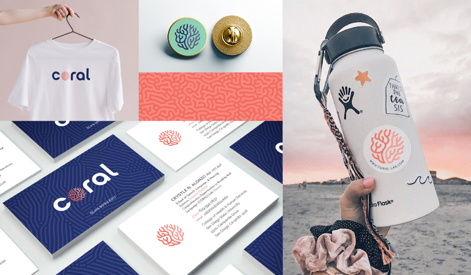 Research Lab Branding San Diego: CORAL logo applications: Water bottle, business Card, shirt, pins