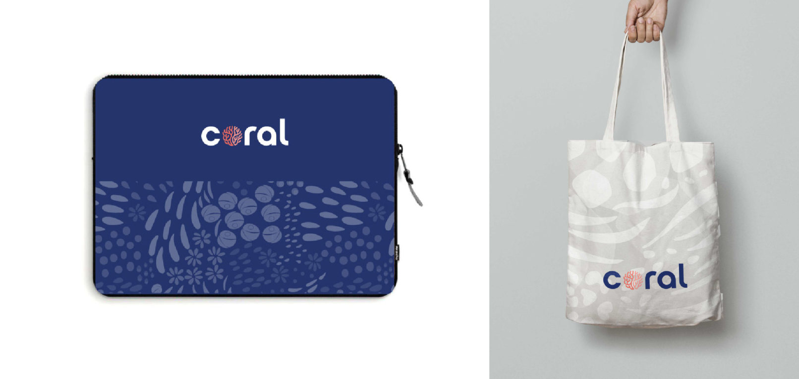 Research Lab Branding San Diego: CORAL logo application tote bag and laptop sleeve