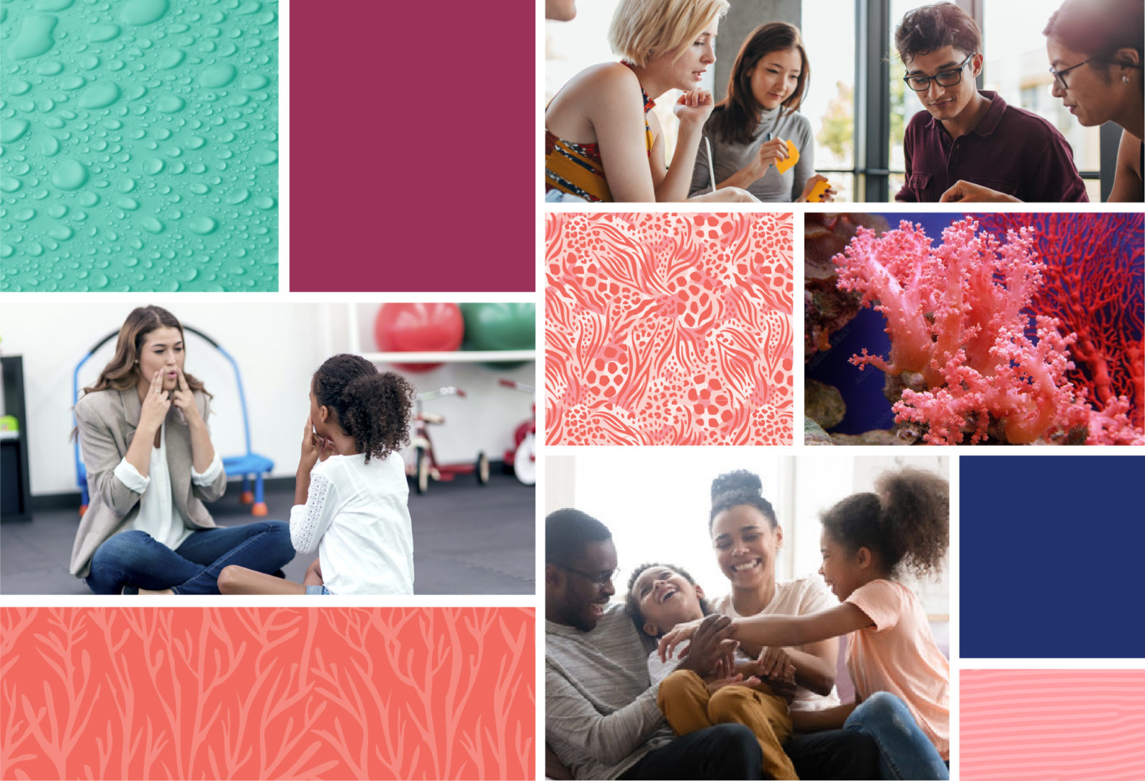 Research Lab Branding San Diego: CORAL brand grid with various photos, colors and patterns