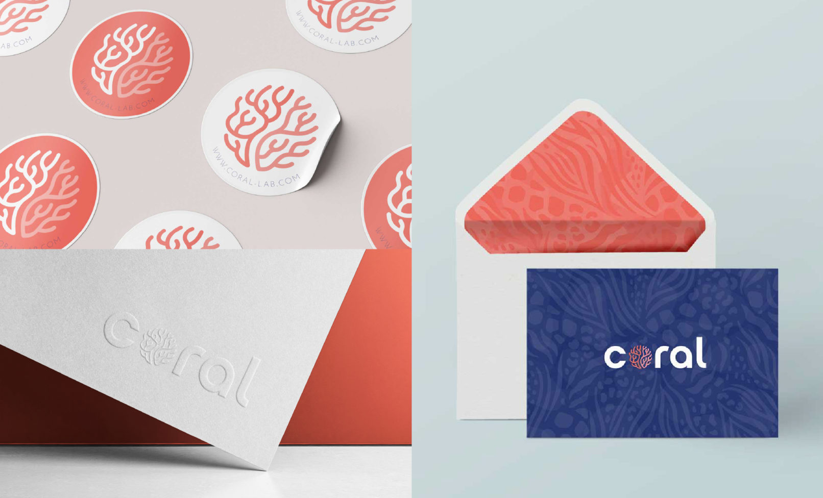 Research Lab Branding San Diego: CORAL logo applications on stickers and notecards, and blind embossed letterpress on a business card